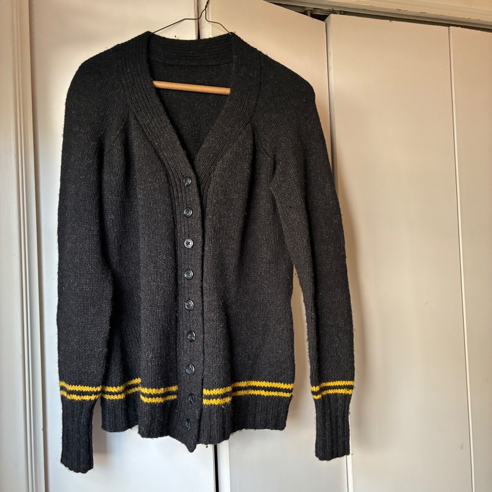 Handmade Wool Bl. Cardigan Sweater Unisex Size M Gray Yellow Striped Academia